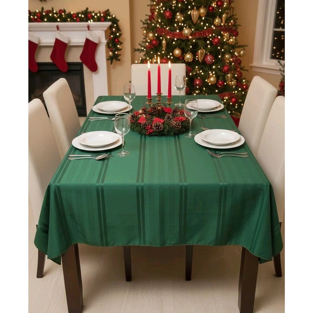 Vtg Green Striped Classic‎ Kitchen Dining Decor Rectangle Tablecloth 70"x50"
